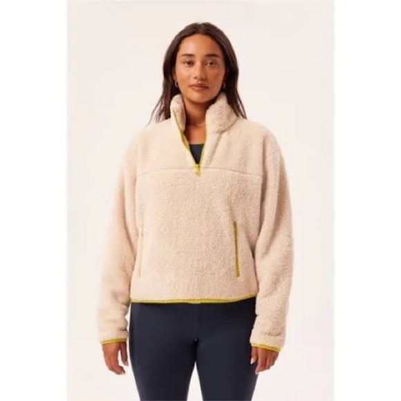 GIRLFRIEND COLLECTIVE Cream & Yellow Trim Half-Zip Fleece Pullover Jacket Size M - Picture 1 of 11